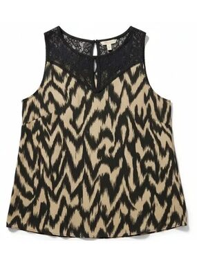 ASTR Ikat Print Tank Top Lace Yoke Sleeveless Blouse Black Tan Size M